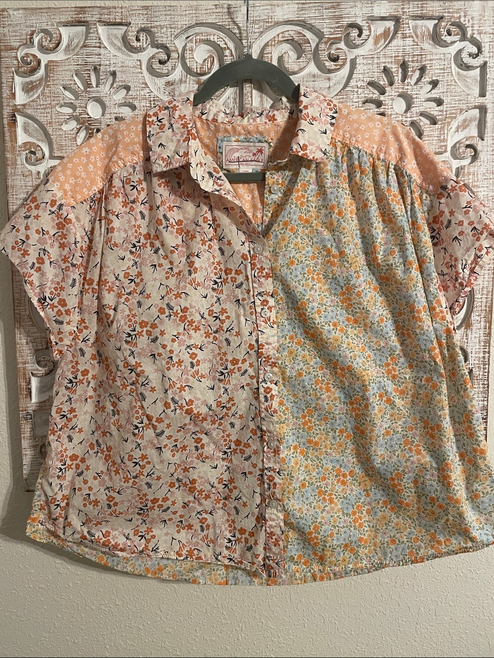 American Eagle Peach & Light Blue Floral Patchwork Shirt